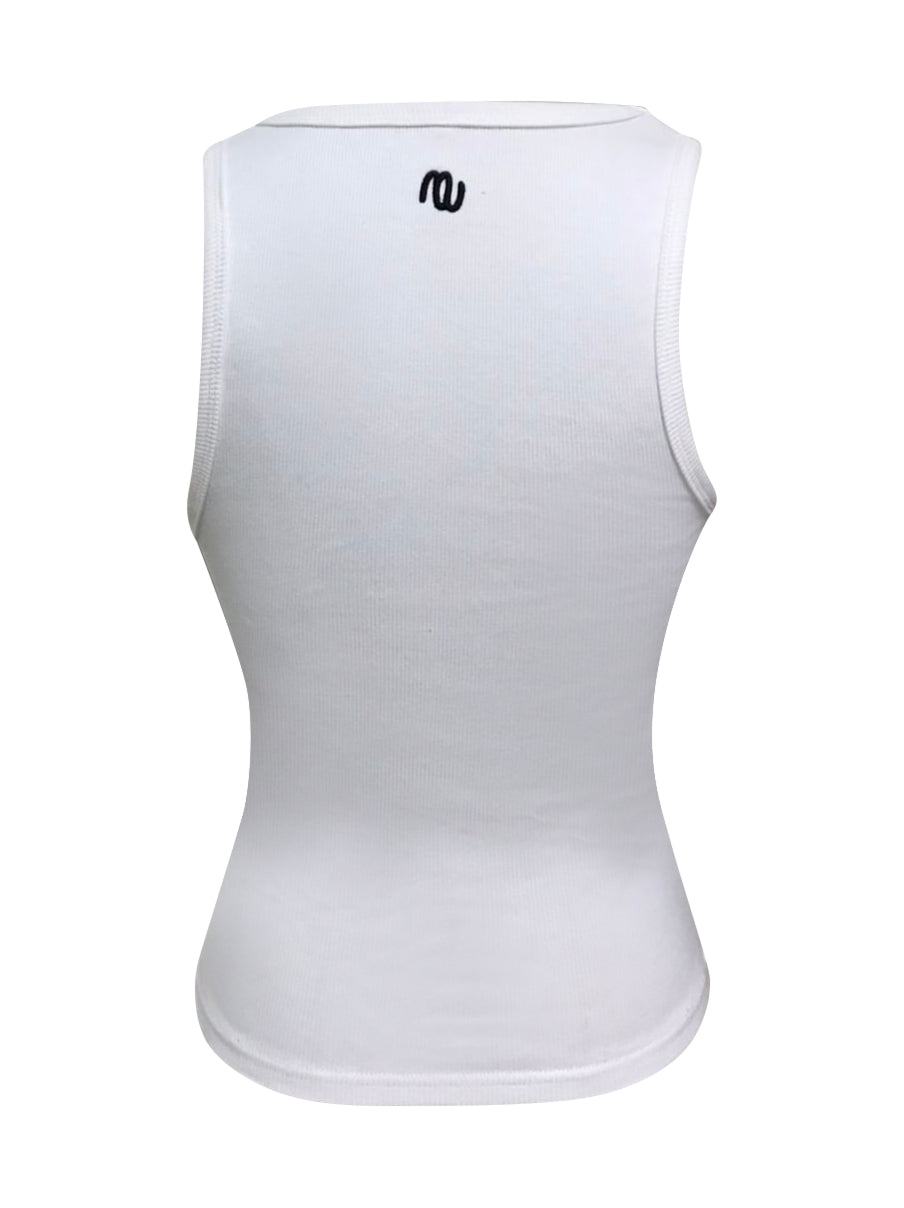 back of white tank top with 'MINAWO' logo on a white background