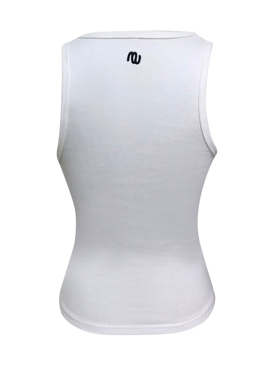 back of white tank top with 'MINAWO' logo on a white background