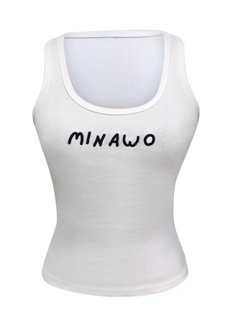 White tank top with 'MINAWO' text on a white background